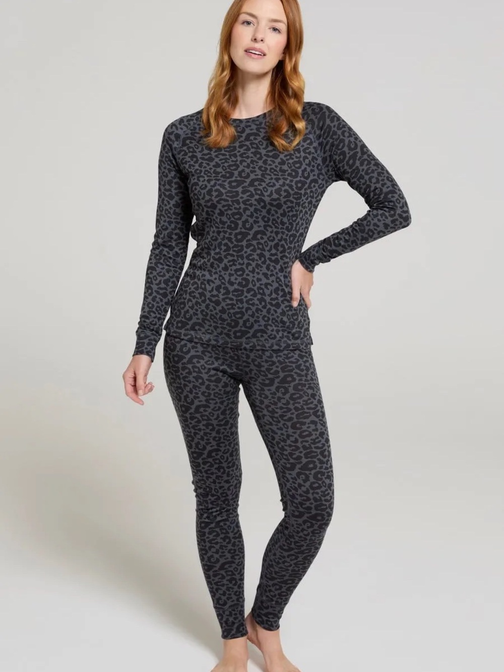 Mountain Wearhouse Leopard Print Womens Thermal Top/Bottom Black/Grey Size 8